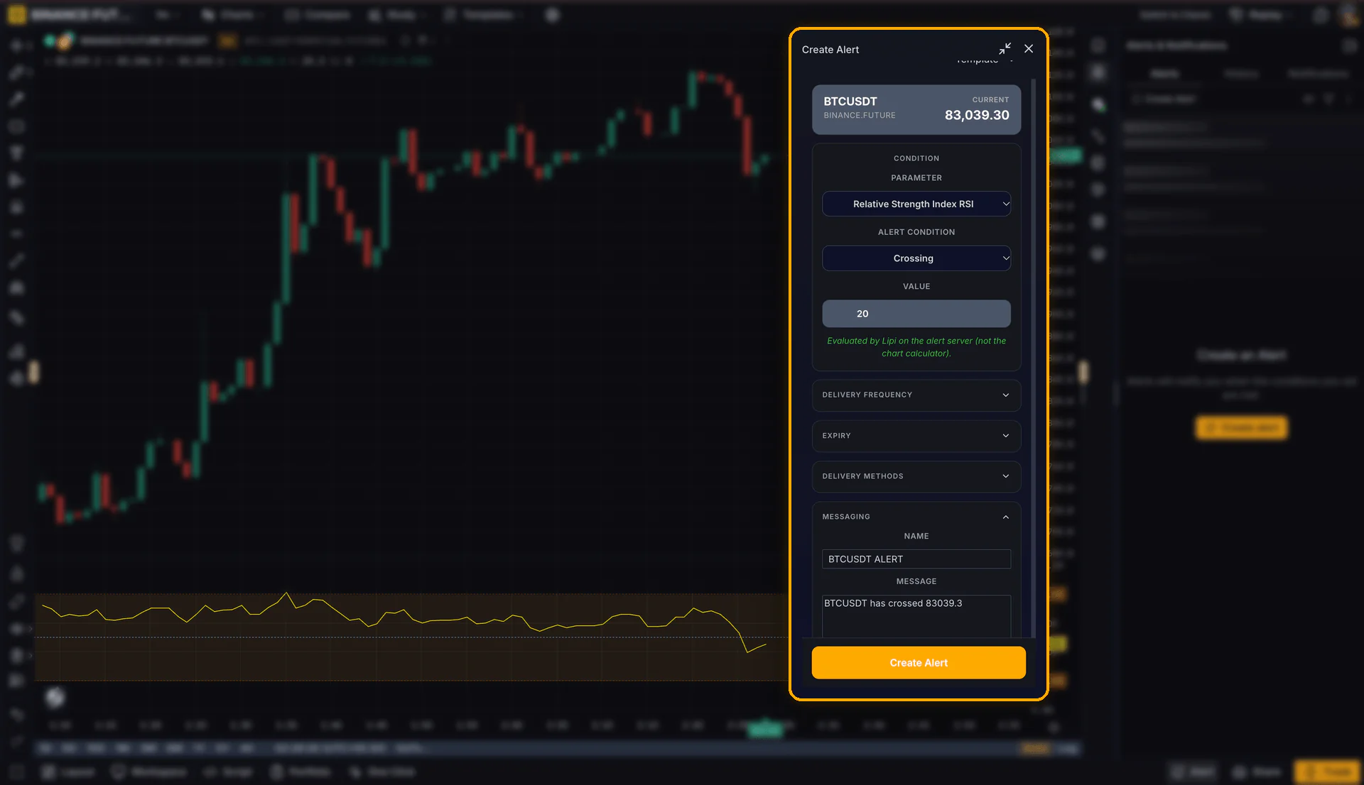 The Create Alert widget configuring an alert on a built-in indicator