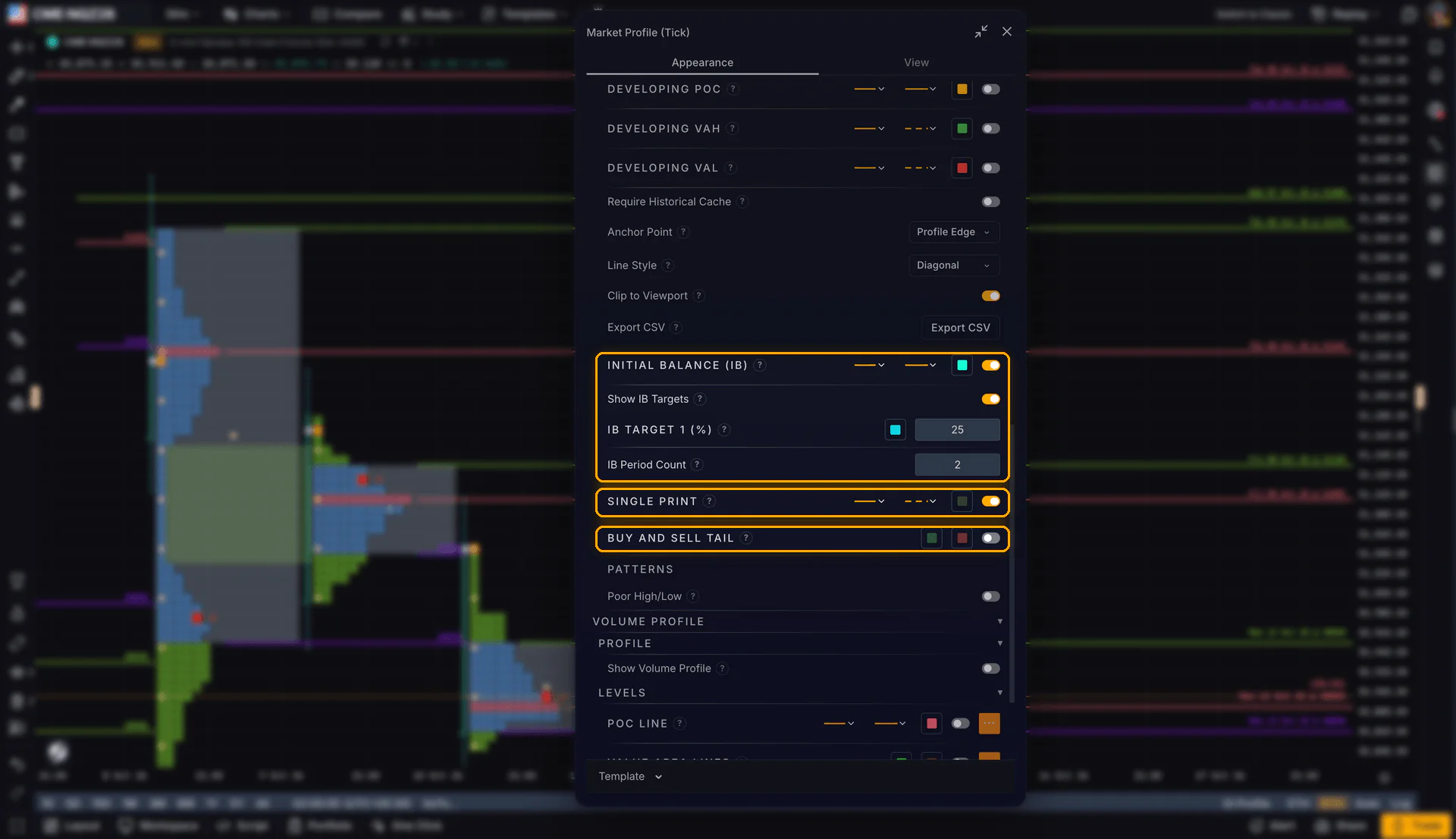 Market Profile settings highlighting Initial Balance, Single Print and Buy and Sell Tail options