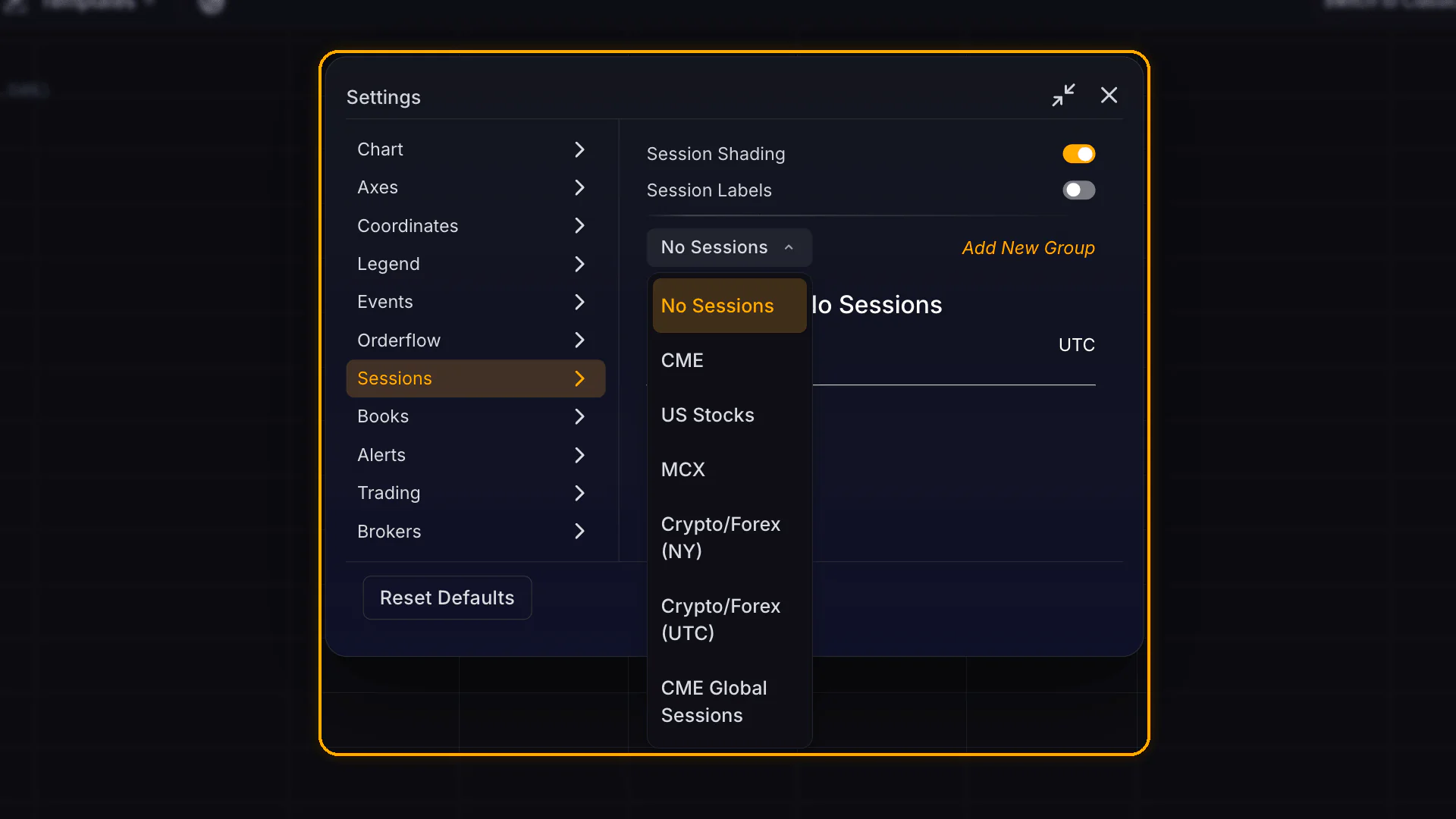 The Sessions tab in Settings with session group presets such as CME, US Stocks and MCX