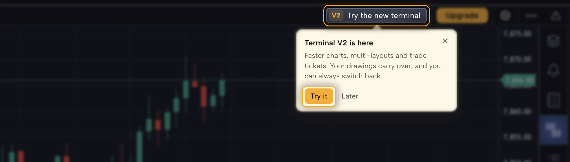 The Try the new terminal button and the Terminal V2 announcement in the GoCharting top navigation