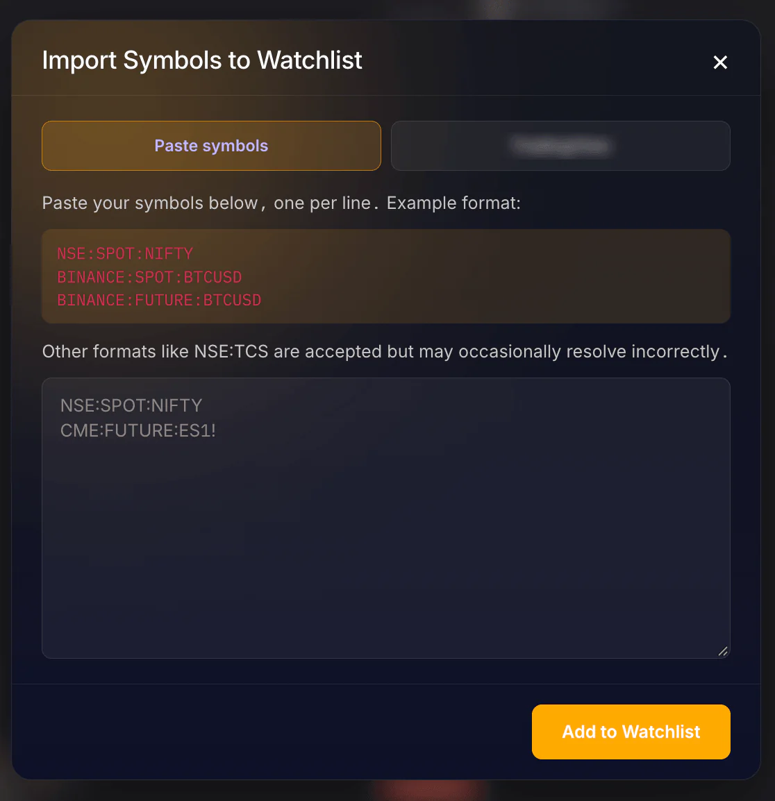 The Import Symbols to Watchlist dialog for pasting tickers
